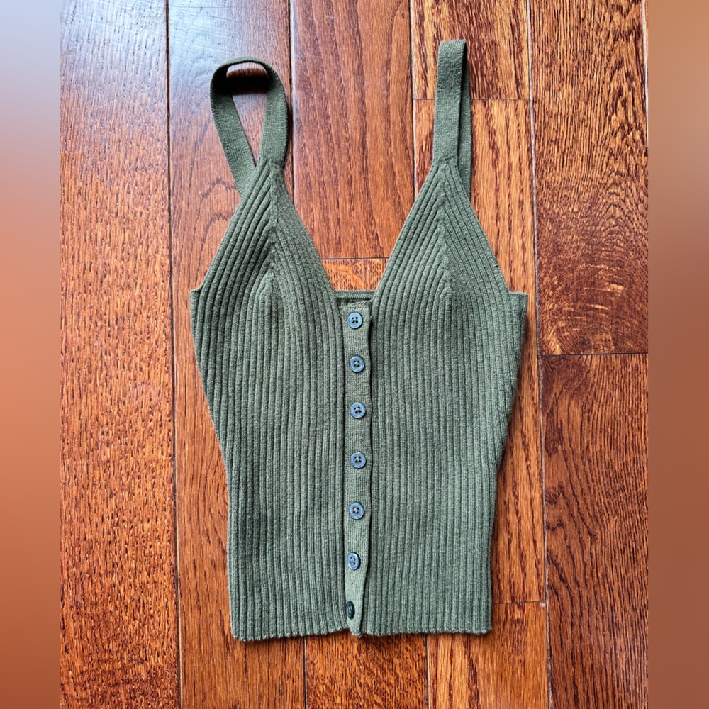 Aerie Olive Green Ribbed Button-Front Top